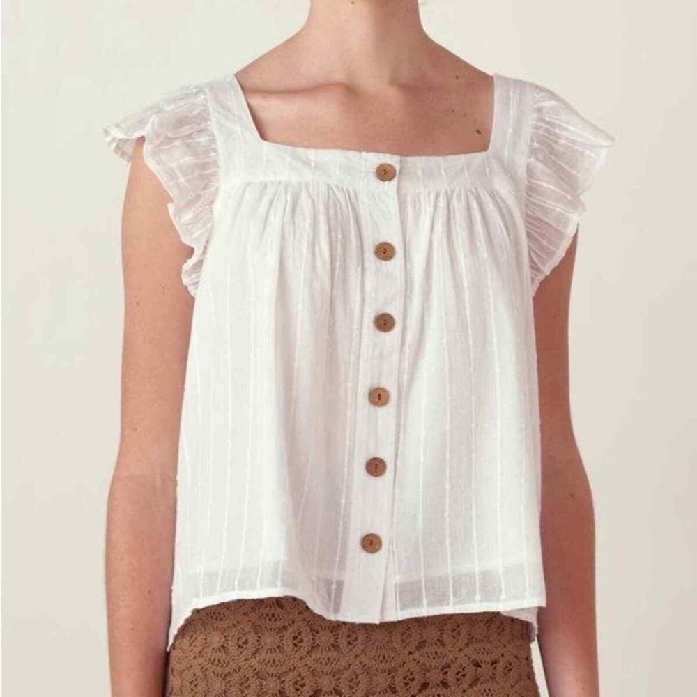 Emerson Fry India Collection White Laurent Flutter Sleeve Top Large Lined Button